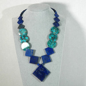 Jay King Mine Finds w Round Shaped Turquoise w/ Lapis Triangle Bead Necklace 925